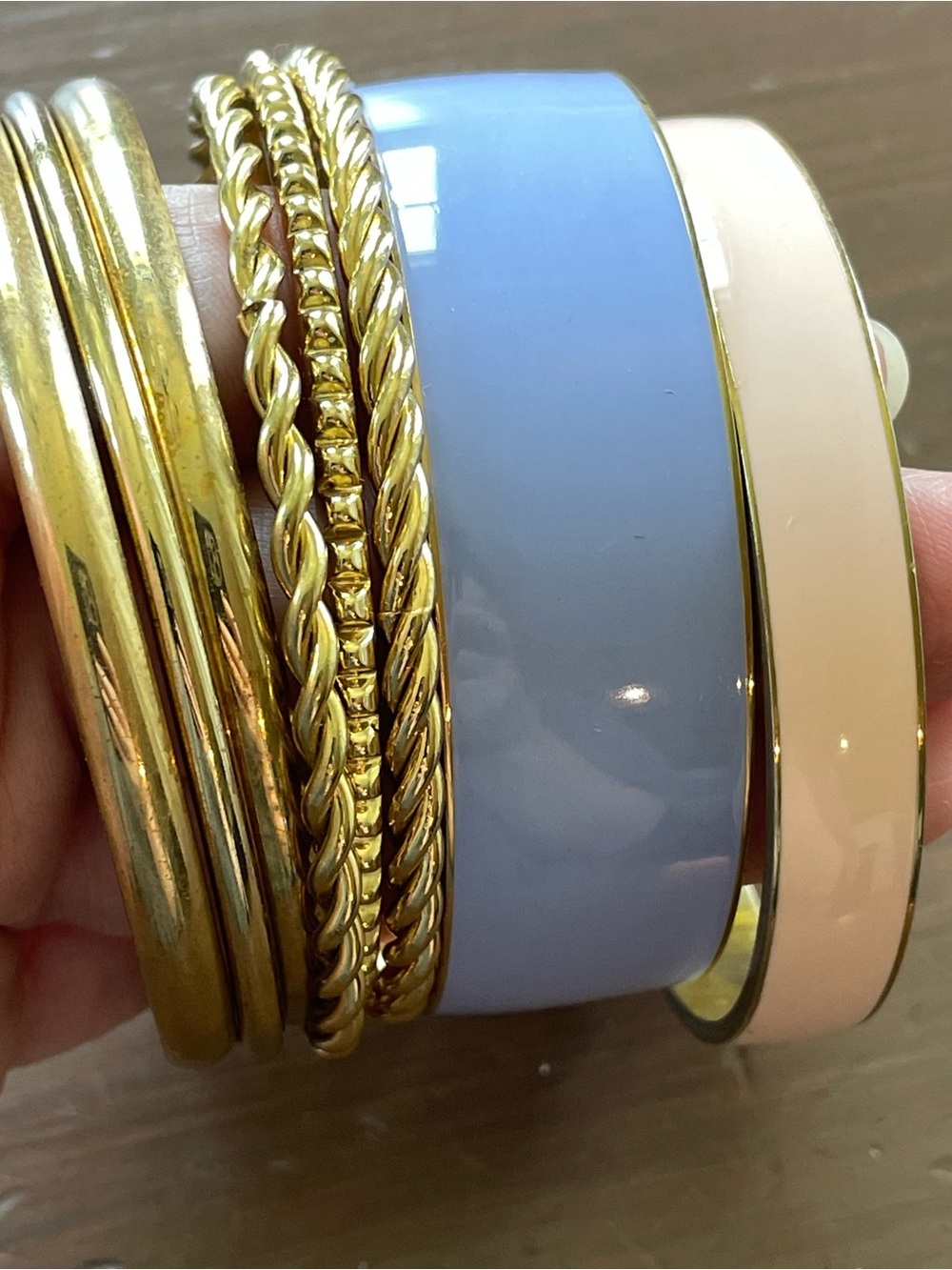J Crew Gold Tone Bracelet Stack w/ Periwinkle and Blush Pink Enameled Bracelets - Picture 2 of 9